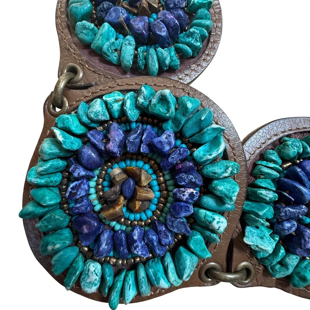 Chico's Stone Medallion Chain Belt Turquoise Purple Boho Western Statement - Picture 10 of 15